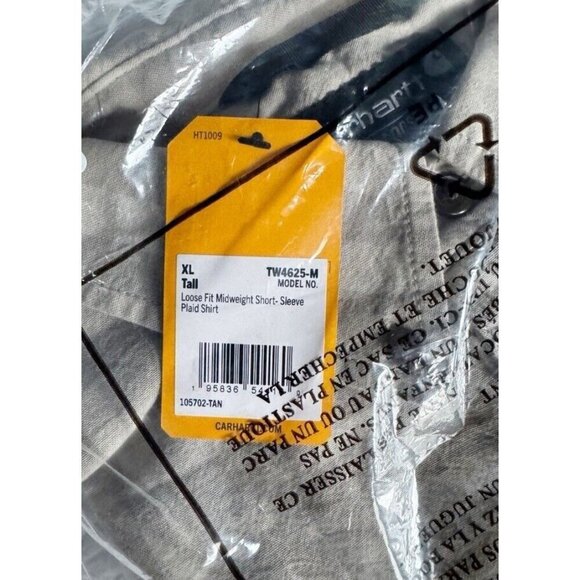 Carhartt Men's Sz XL Tall Loose Fit Tan Plaid Short Sleeve Button Down Shirt NWT - Picture 6 of 7